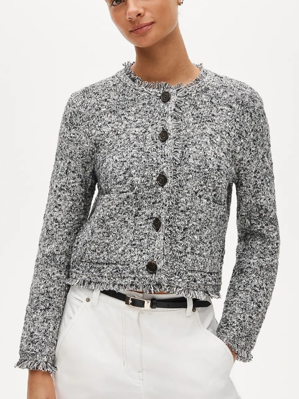 J. Crew Women’s Cropped Fringe-Trim Lady Jacket in Marled Yarn in a size XS